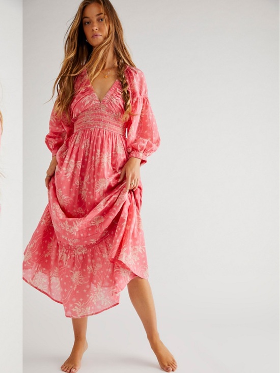 Free People Dresses & Skirts - Free People Gold Hour Pink Floral V-Neck Smocked Maxi Dress